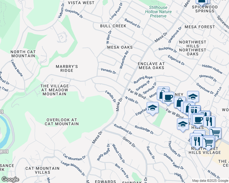 map of restaurants, bars, coffee shops, grocery stores, and more near 4107 North Hills Drive in Austin