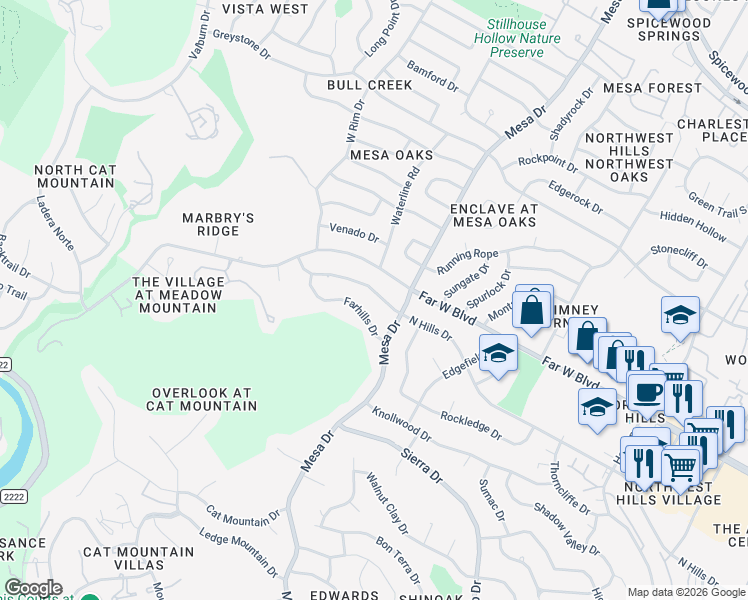 map of restaurants, bars, coffee shops, grocery stores, and more near 4107 North Hills Drive in Austin
