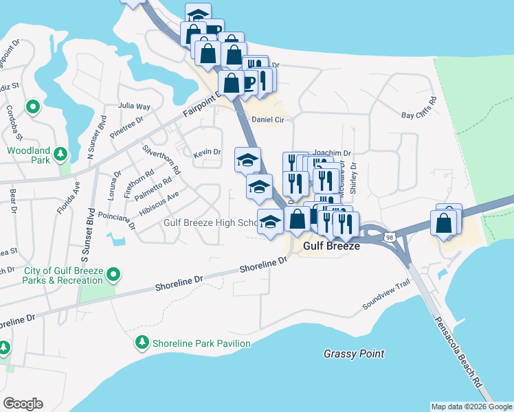 map of restaurants, bars, coffee shops, grocery stores, and more near 649 Gulf Breeze Parkway in Gulf Breeze