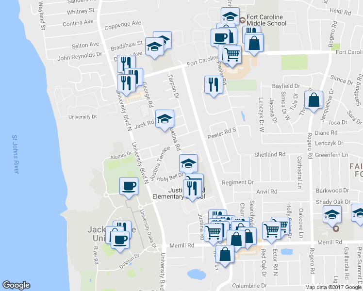 map of restaurants, bars, coffee shops, grocery stores, and more near 5803 Pompano Drive in Jacksonville