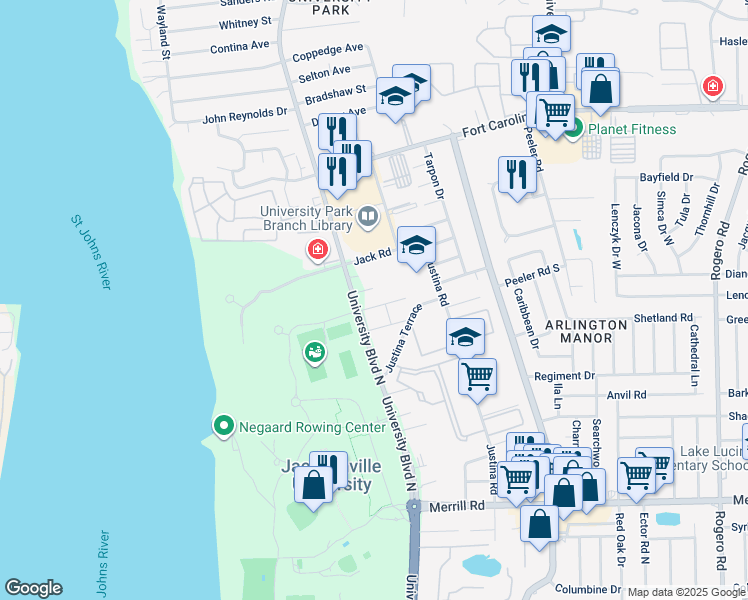 map of restaurants, bars, coffee shops, grocery stores, and more near 3383 University Boulevard North in Jacksonville