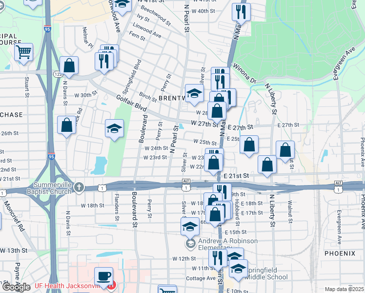 map of restaurants, bars, coffee shops, grocery stores, and more near 3504 Silver Street in Jacksonville