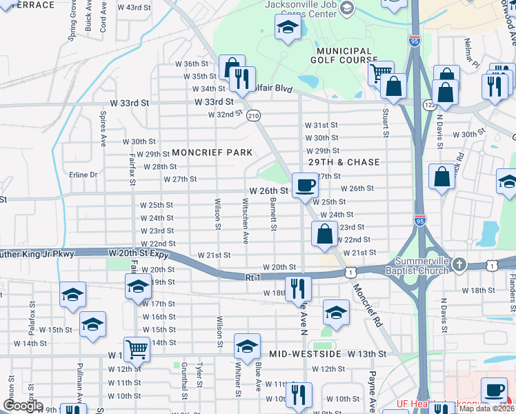 map of restaurants, bars, coffee shops, grocery stores, and more near 1408 West 26th Street in Jacksonville
