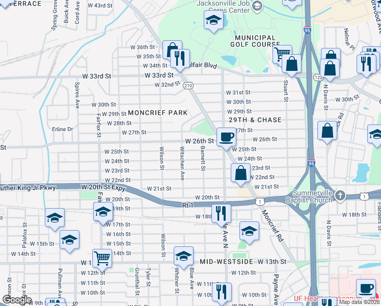 map of restaurants, bars, coffee shops, grocery stores, and more near 1474 Witschen Avenue in Jacksonville