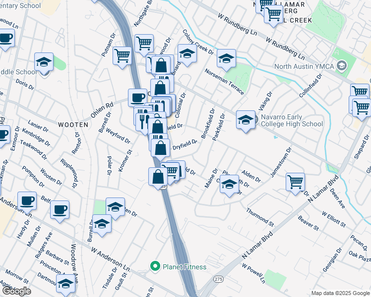 map of restaurants, bars, coffee shops, grocery stores, and more near 8520 Dryfield Drive in Austin