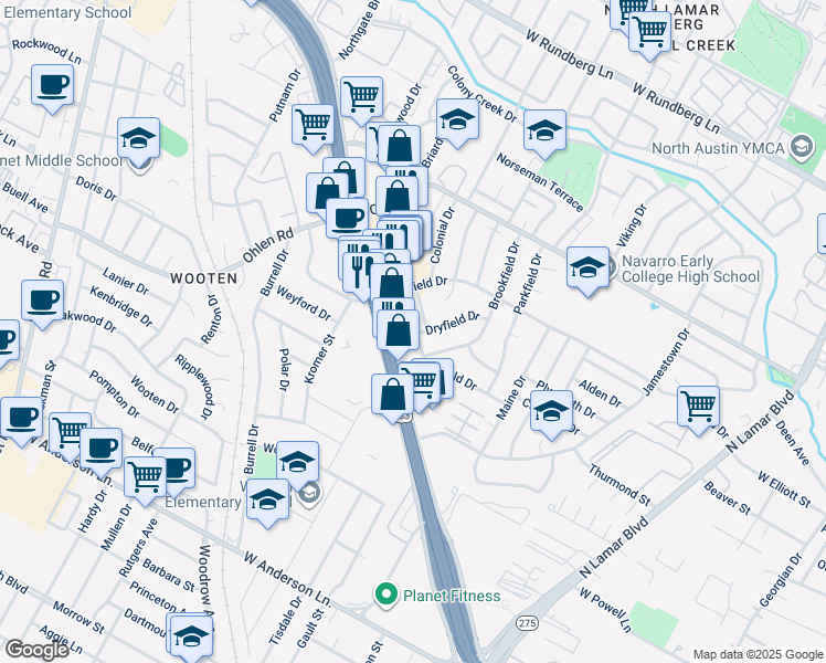 map of restaurants, bars, coffee shops, grocery stores, and more near 8505 Remington Lane in Austin