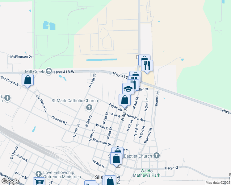 map of restaurants, bars, coffee shops, grocery stores, and more near 107 Seaman Drive in Silsbee