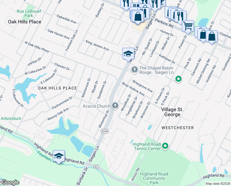 map of restaurants, bars, coffee shops, grocery stores, and more near 1216 Cornerstone Drive in Baton Rouge