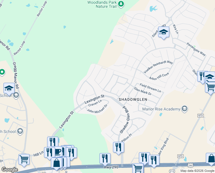 map of restaurants, bars, coffee shops, grocery stores, and more near 11529 Sunny Creek Lane in Manor