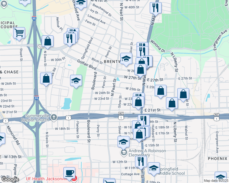 map of restaurants, bars, coffee shops, grocery stores, and more near 3401 North Pearl Street in Jacksonville