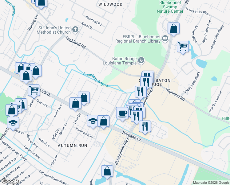 map of restaurants, bars, coffee shops, grocery stores, and more near 11334 Highland Road in Baton Rouge