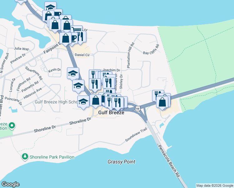 map of restaurants, bars, coffee shops, grocery stores, and more near 106 McClure Drive in Gulf Breeze
