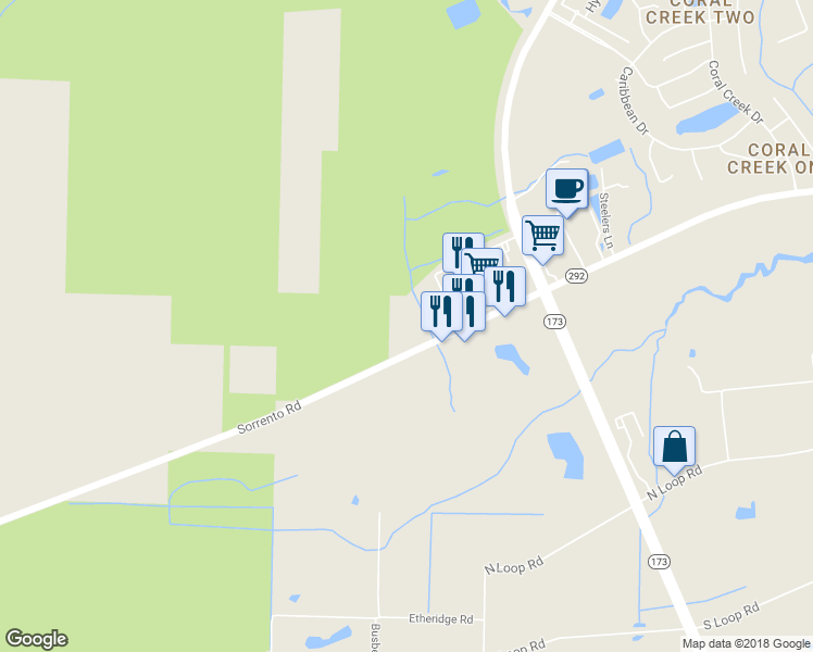 map of restaurants, bars, coffee shops, grocery stores, and more near 10400 Sorrento Road in Pensacola