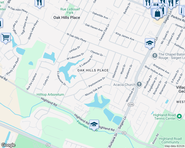 map of restaurants, bars, coffee shops, grocery stores, and more near in Oak Hills Place