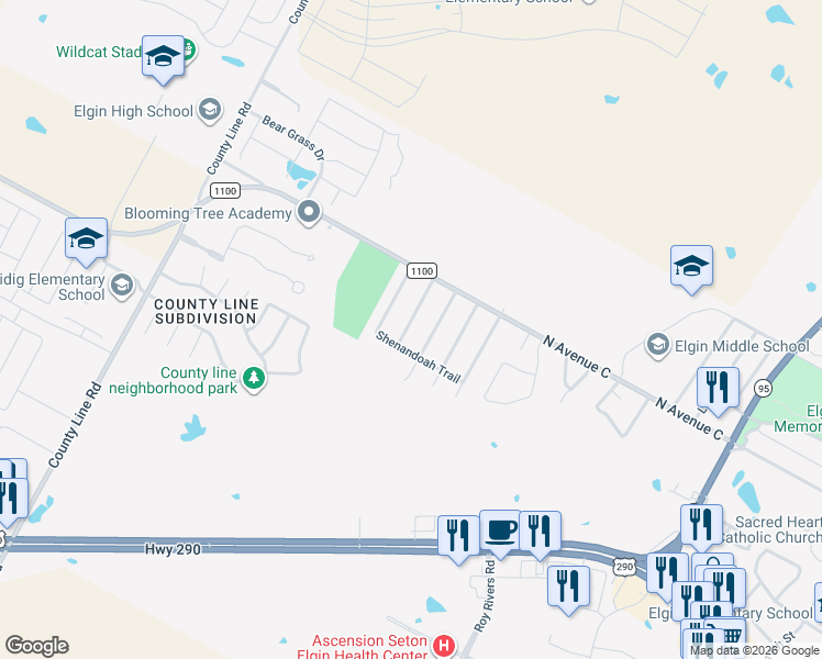 map of restaurants, bars, coffee shops, grocery stores, and more near 116 Blue Ridge Tr in Elgin