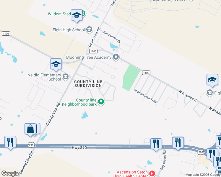 map of restaurants, bars, coffee shops, grocery stores, and more near 810 Lavaca Loop in Elgin