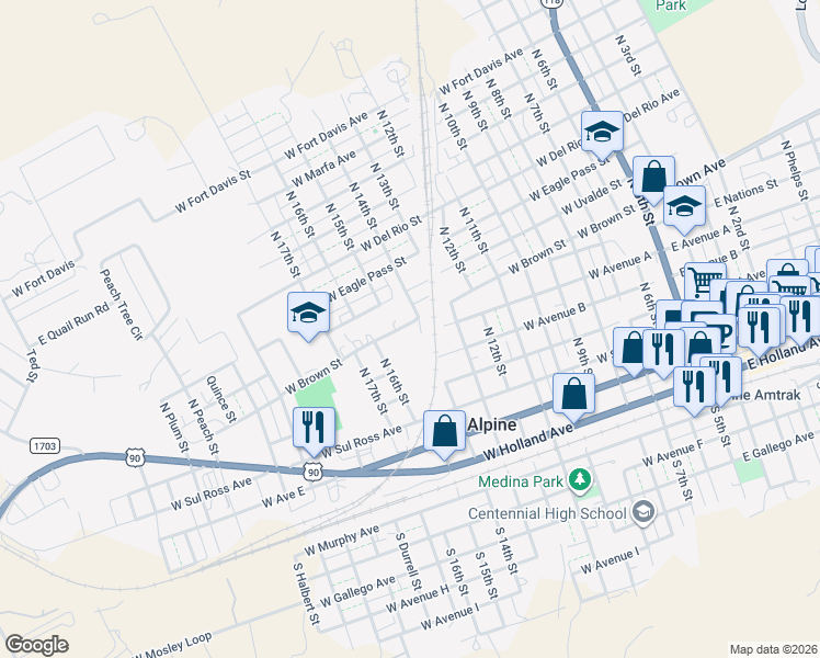 map of restaurants, bars, coffee shops, grocery stores, and more near 907 W Brown St in Alpine