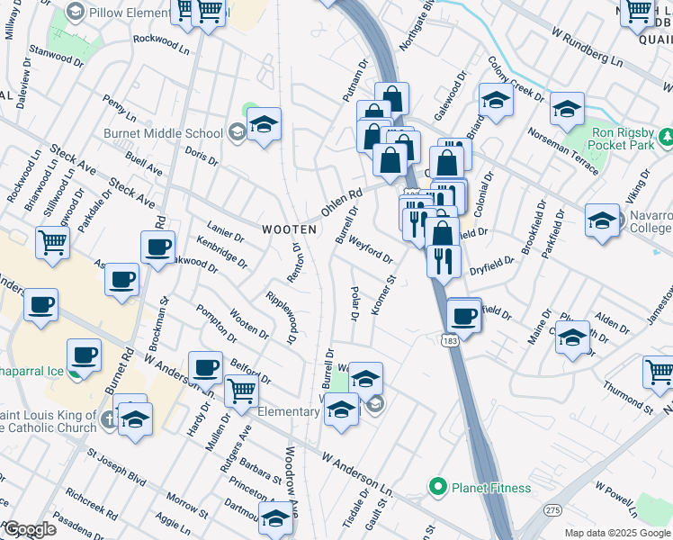 map of restaurants, bars, coffee shops, grocery stores, and more near 8315 Burrell Drive in Austin