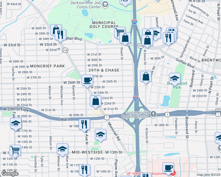 map of restaurants, bars, coffee shops, grocery stores, and more near 1138 West 26th Street in Jacksonville