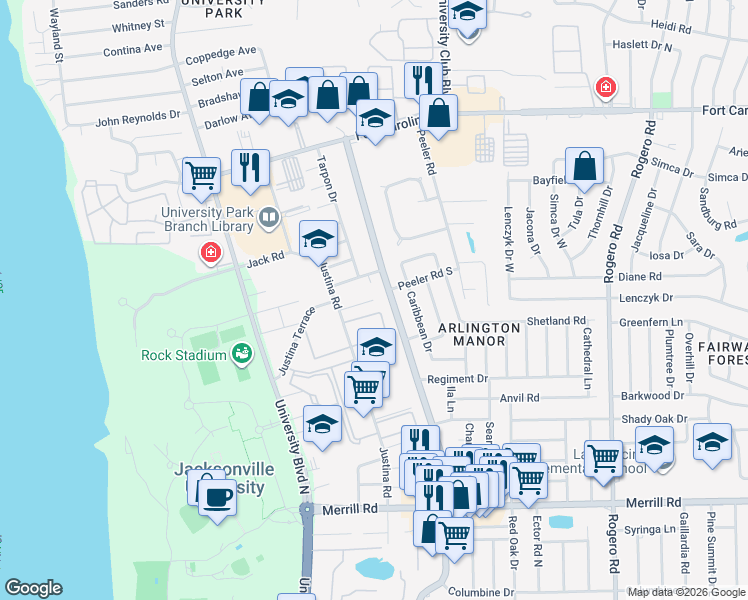 map of restaurants, bars, coffee shops, grocery stores, and more near Justina Court in Jacksonville