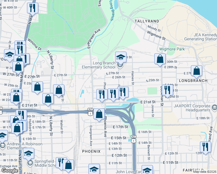 map of restaurants, bars, coffee shops, grocery stores, and more near 1129 East 24th Street in Jacksonville