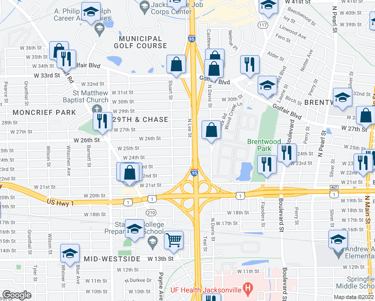 map of restaurants, bars, coffee shops, grocery stores, and more near 3516 North Lee Street in Jacksonville