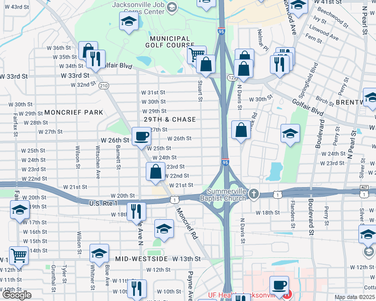 map of restaurants, bars, coffee shops, grocery stores, and more near 1138 West 26th Street in Jacksonville