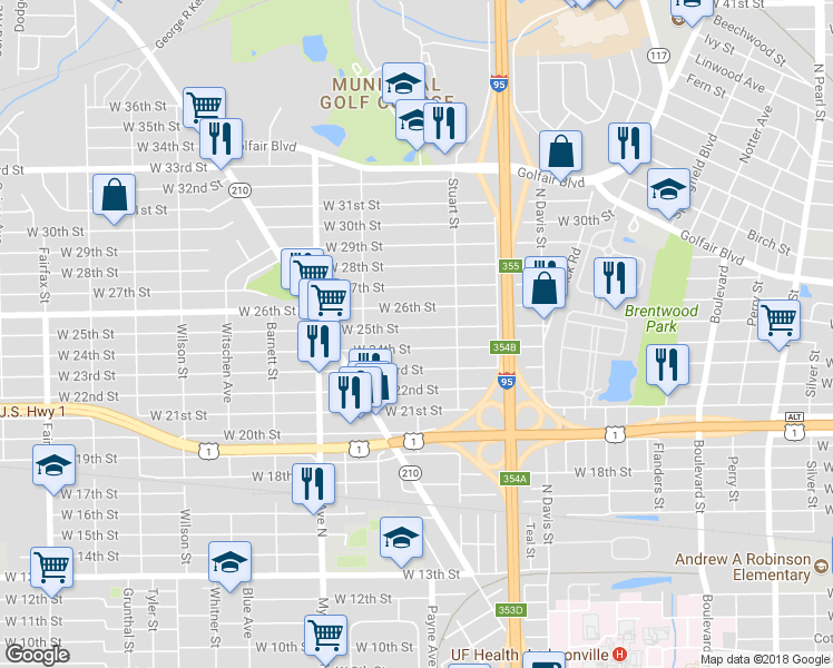 map of restaurants, bars, coffee shops, grocery stores, and more near 1138 West 26th Street in Jacksonville