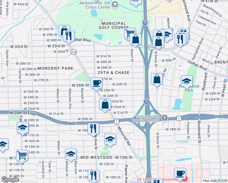 map of restaurants, bars, coffee shops, grocery stores, and more near 1196 West 26th Street in Jacksonville