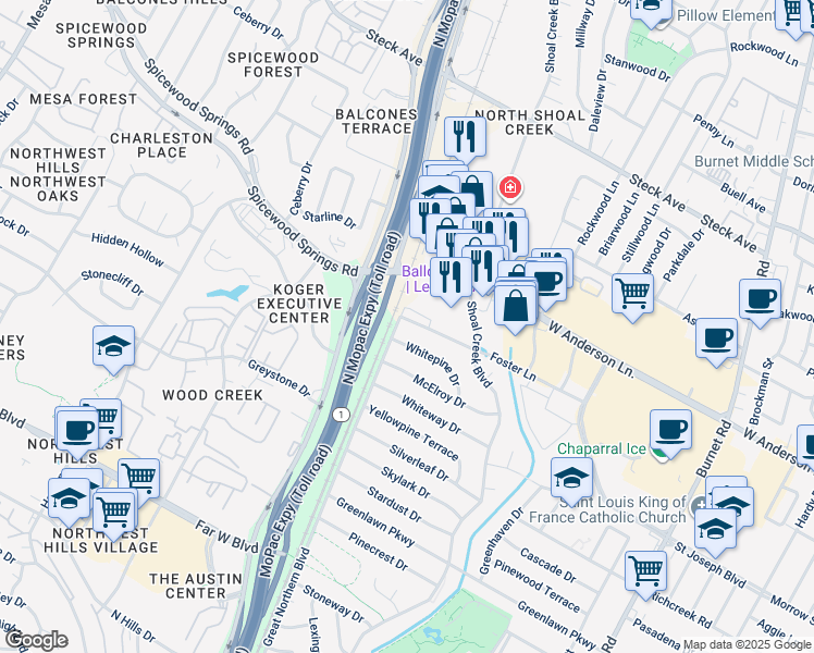 map of restaurants, bars, coffee shops, grocery stores, and more near 3318 Foster Lane in Austin