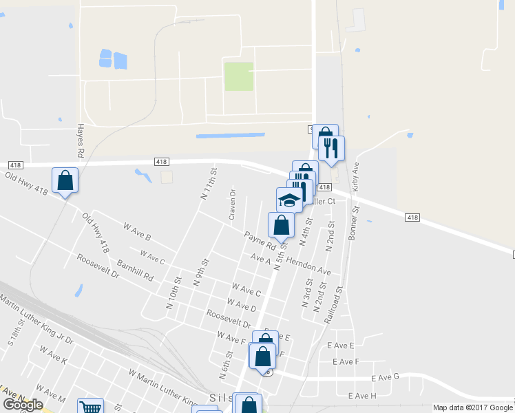 map of restaurants, bars, coffee shops, grocery stores, and more near 119 Seaman Drive in Silsbee