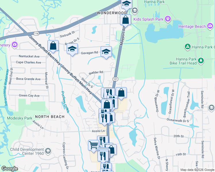 map of restaurants, bars, coffee shops, grocery stores, and more near 2613 Stern Drive East in Atlantic Beach