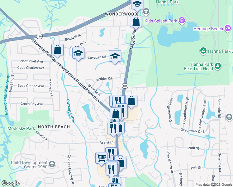map of restaurants, bars, coffee shops, grocery stores, and more near 2603 Quad Court in Atlantic Beach