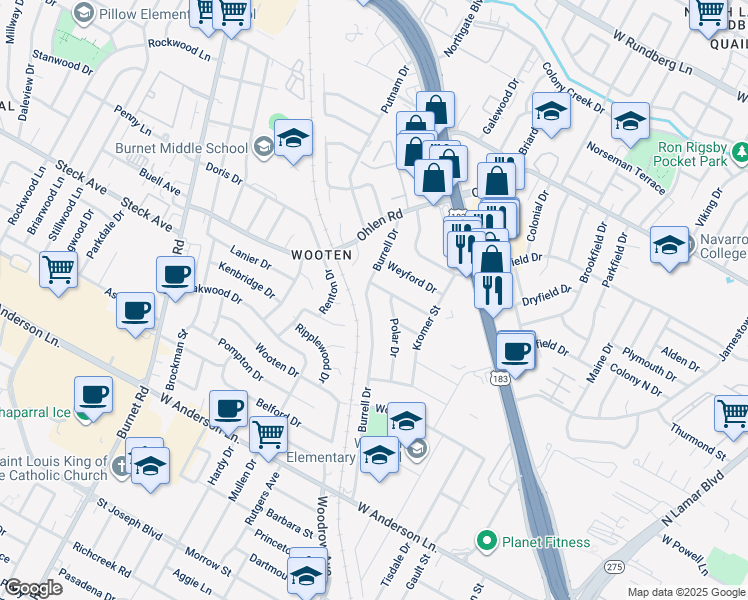 map of restaurants, bars, coffee shops, grocery stores, and more near 8315 Burrell Drive in Austin