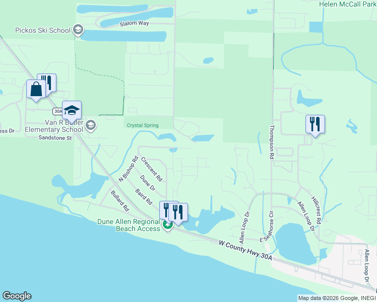 map of restaurants, bars, coffee shops, grocery stores, and more near 225 Spotted Dolphin Road in Santa Rosa Beach