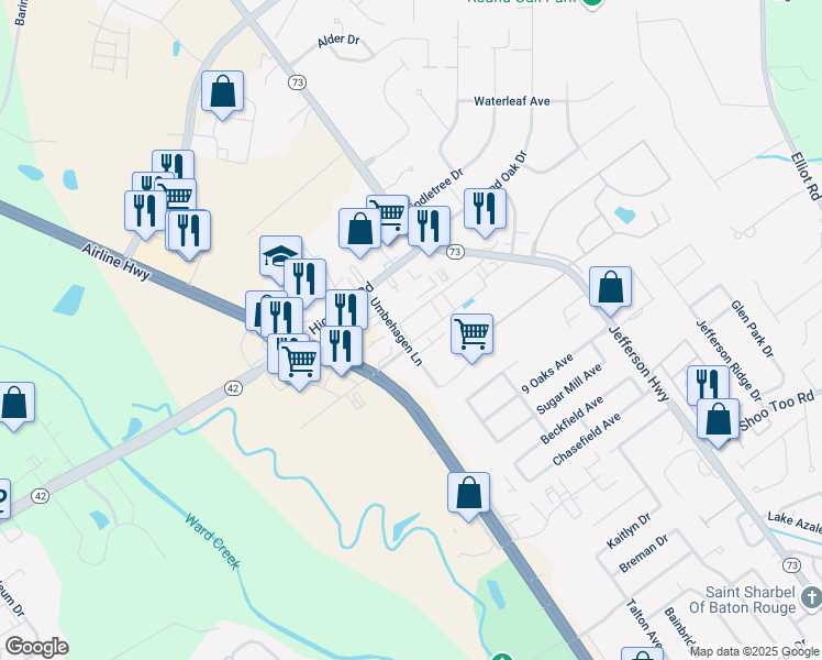 map of restaurants, bars, coffee shops, grocery stores, and more near 10249 Umbehagen Lane in Baton Rouge