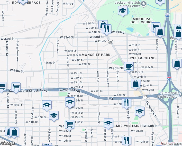 map of restaurants, bars, coffee shops, grocery stores, and more near 1589 West 25th Street in Jacksonville