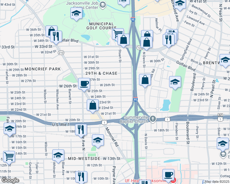 map of restaurants, bars, coffee shops, grocery stores, and more near 1110 West 25th Street in Jacksonville