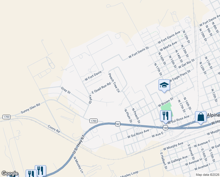 map of restaurants, bars, coffee shops, grocery stores, and more near 71 East Quail Run Road in Alpine