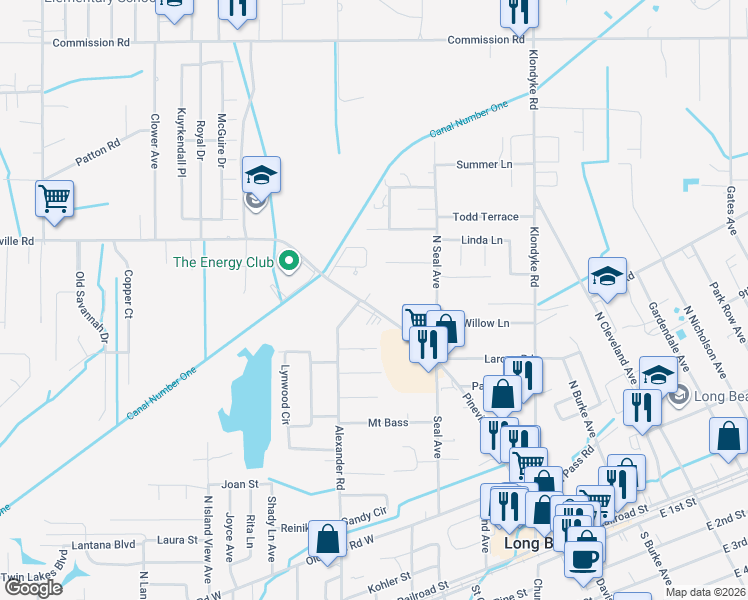 map of restaurants, bars, coffee shops, grocery stores, and more near 698 Alexander Road in Long Beach