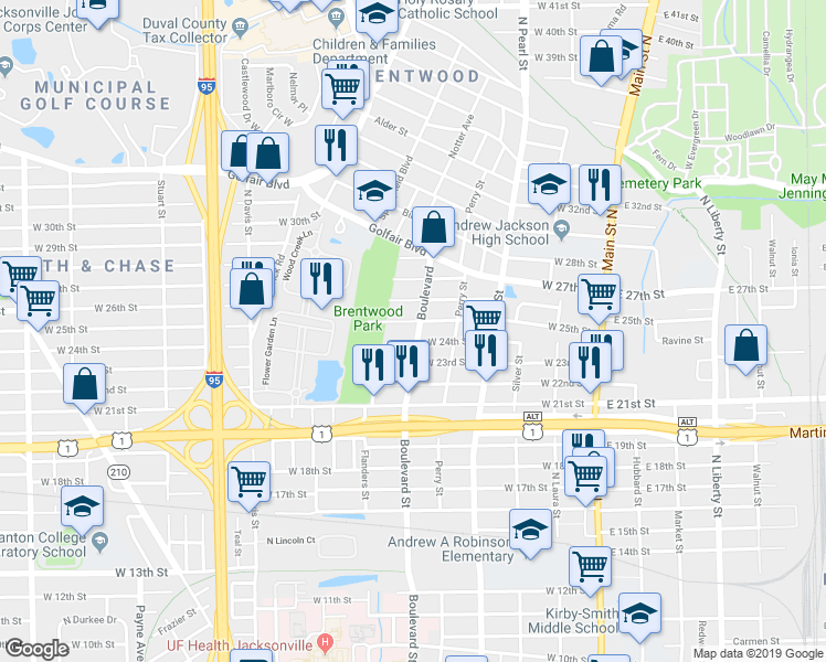 map of restaurants, bars, coffee shops, grocery stores, and more near 533 West 25th Street in Jacksonville