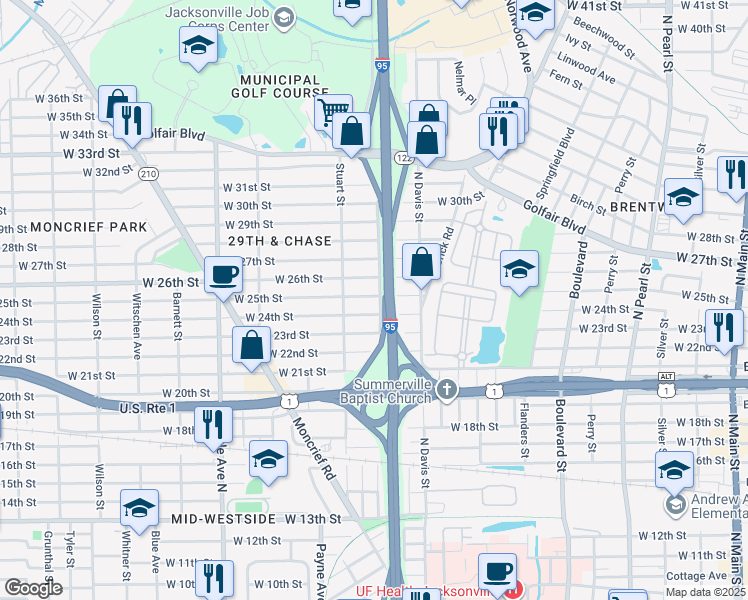 map of restaurants, bars, coffee shops, grocery stores, and more near 3516 North Lee Street in Jacksonville
