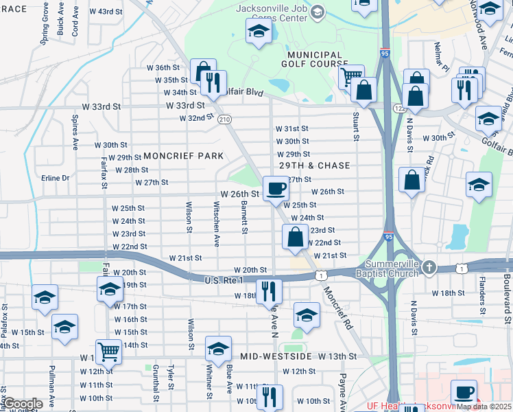 map of restaurants, bars, coffee shops, grocery stores, and more near 3528 Moncrief Road in Jacksonville