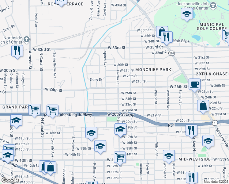 map of restaurants, bars, coffee shops, grocery stores, and more near 1816 West 26th Street in Jacksonville