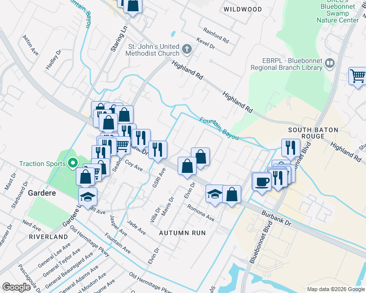 map of restaurants, bars, coffee shops, grocery stores, and more near 809 Summer Breeze Drive in Baton Rouge