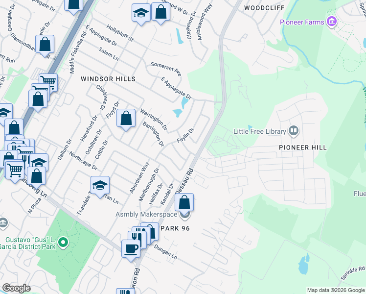 map of restaurants, bars, coffee shops, grocery stores, and more near 10010 Faylin Drive in Austin
