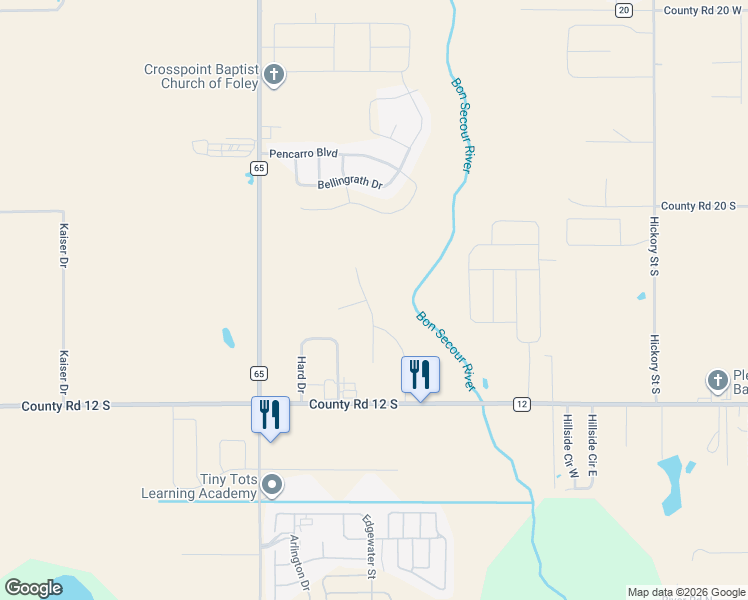 map of restaurants, bars, coffee shops, grocery stores, and more near 3827 Chesterfield Lane in Foley