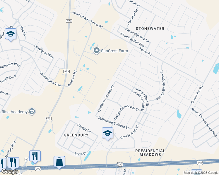 map of restaurants, bars, coffee shops, grocery stores, and more near 14004 Lyndon B Johnson Street in Manor