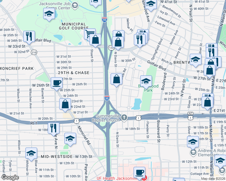 map of restaurants, bars, coffee shops, grocery stores, and more near 3504 North Davis Street in Jacksonville