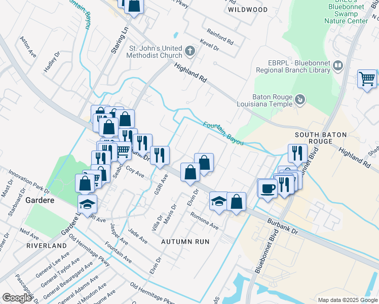 map of restaurants, bars, coffee shops, grocery stores, and more near 727 Summer Breeze Drive in Baton Rouge